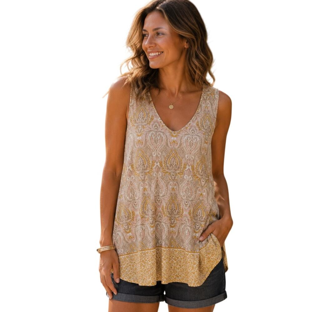 Rose & Olive Paisley Mixed Print Tank Womens Large Yellow Pink Asymmetrical Top